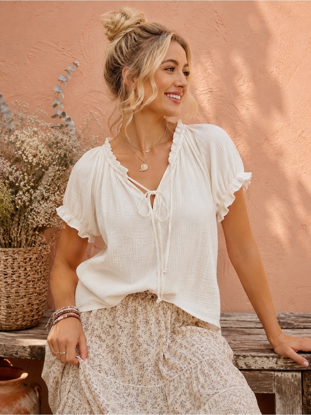 Women's Cream Ruffle Tie-Neck Blouse